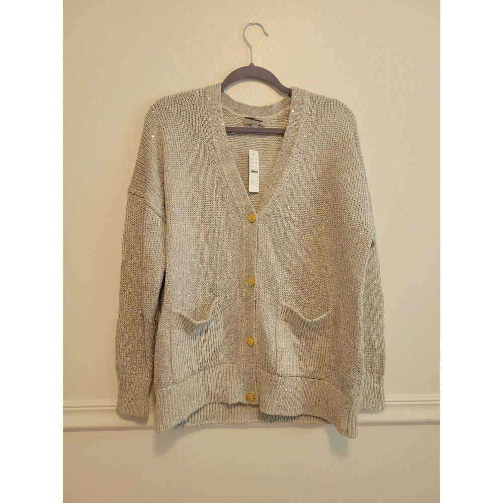 New womens sz Medium J Crew silver sequin button down relaxed fit cardigan BS951 - Picture 2 of 4